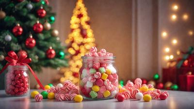 The primary subject of the image is a jar filled with candy, which is placed on a table. The setting is a room with a Christmas tree in the background, creating a festive atmosphere. The visual style is a photo, and the colors and mood are predominantly warm and cheerful, with the candy and the Christmas tree adding to the overall festive ambiance.